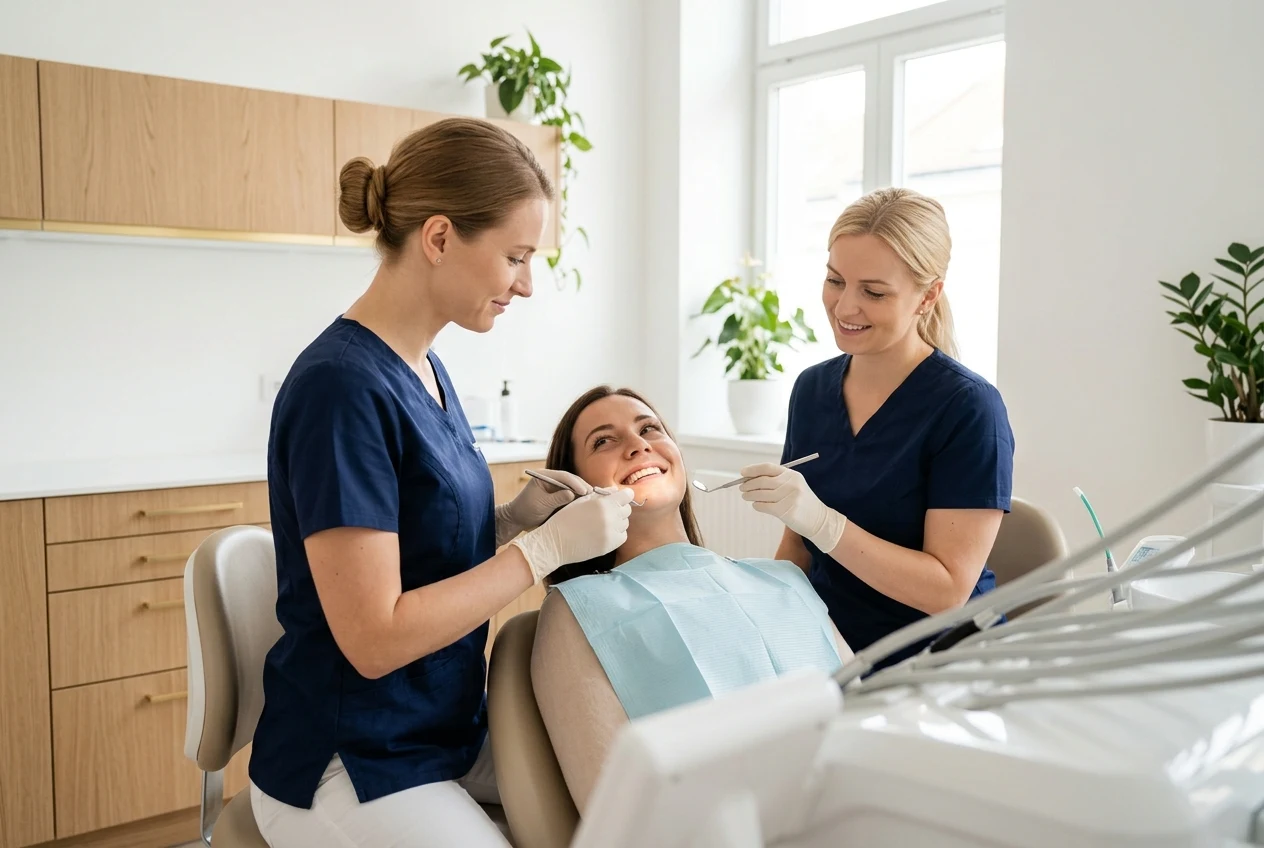 Două doctorițe tratând o pacientă zâmbitoare