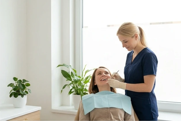 Doctoriță consultând o pacientă lângă fereastră